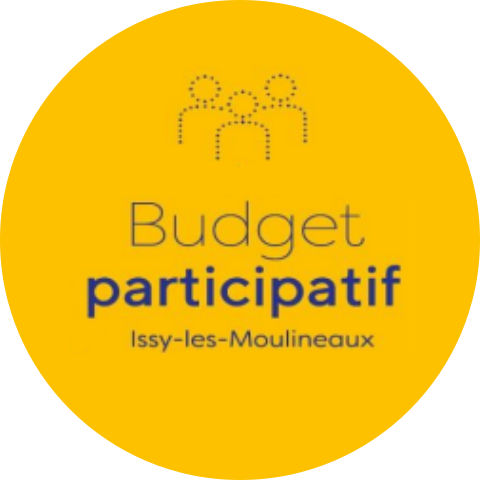 Logo du budget participatif de la ville d'Issy-les-Moulineaux. Il est composé d'un rond jaune avec de haut en bas: une icône représentant trois personnes cote-à-cote, le texte Budget participatif écrit en bleu suivi du nom de la ville.