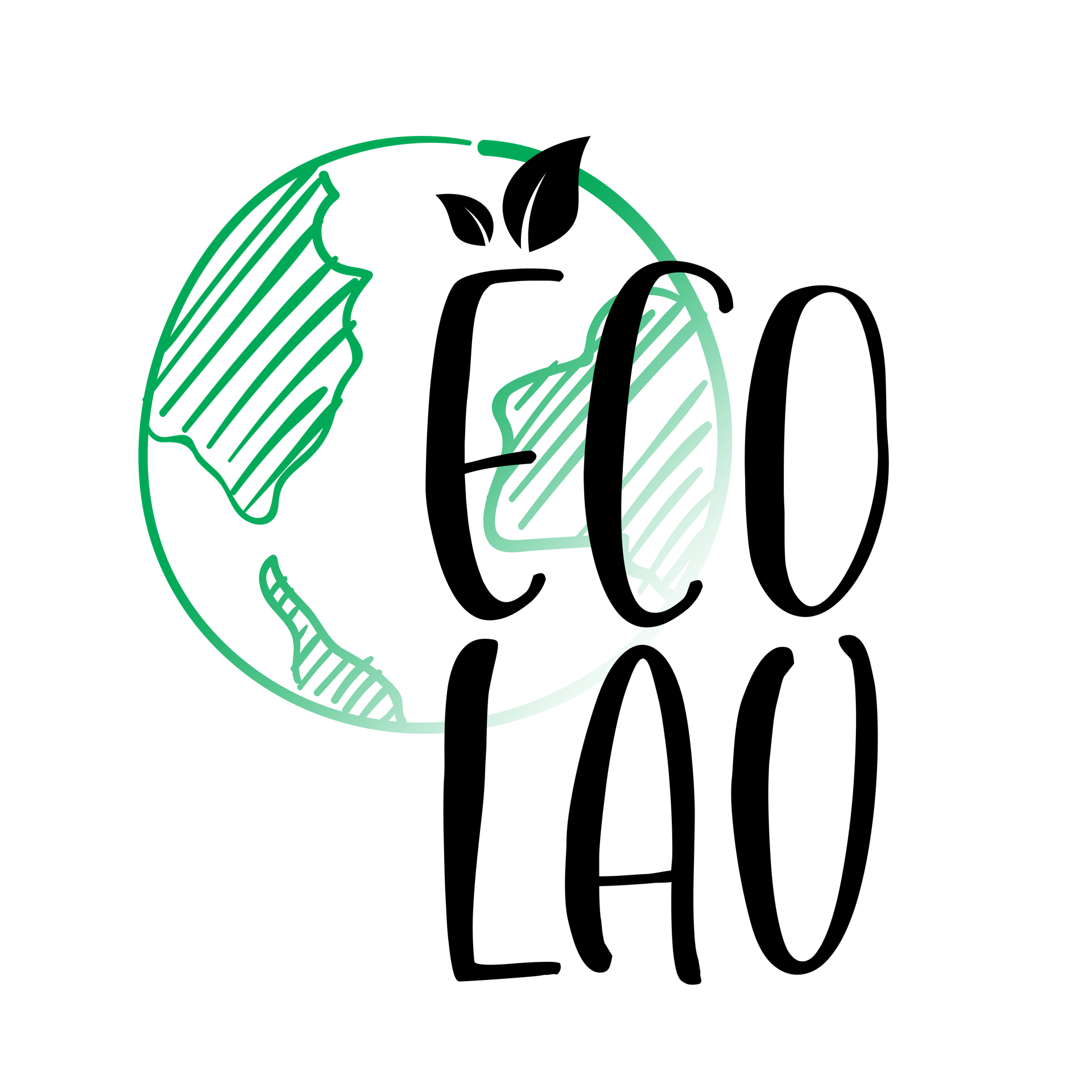 Logo de l'association Ecolau. Le logo représente la planète terre griffoné en vert devant lequel siège le nom de l'association en noir et réparti sur deux lignes. Au dessus de la lettre E trônent deux petites feuilles.